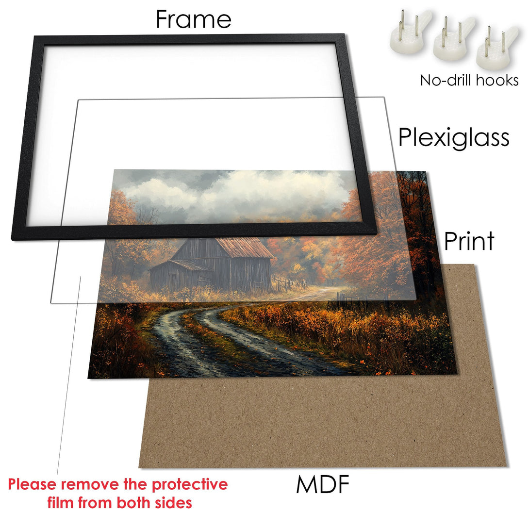 Framed Poster of a rustic barn scene in warm autumn colors. Landscape art print with black frame, ready to hang.