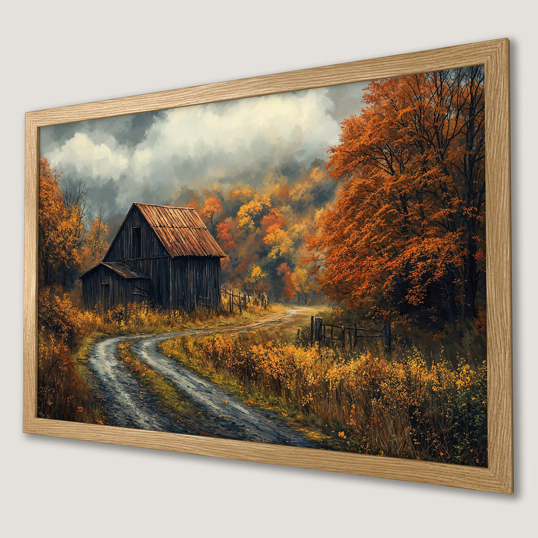 Framed Poster of a rustic barn scene in autumn. Warm orange and yellow color palette, impressionistic style. Perfect wall art.