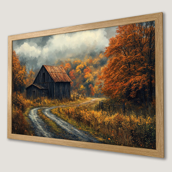 Framed Poster of a rustic barn scene in autumn. Warm orange and yellow color palette, impressionistic style. Perfect wall art.