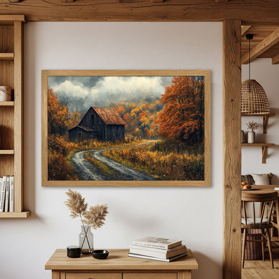 Framed Poster featuring a rustic barn scene in warm autumn colors. Perfect for cozy home decor.