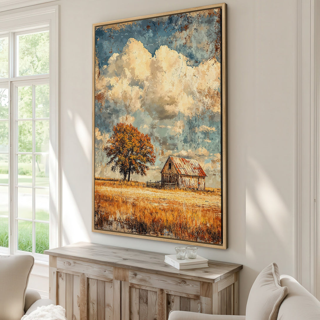Framed Wall Art: Rustic barn landscape canvas print. Warm, earthy tones with blue sky. Perfect farmhouse decor. Add a touch of nature to your home!
