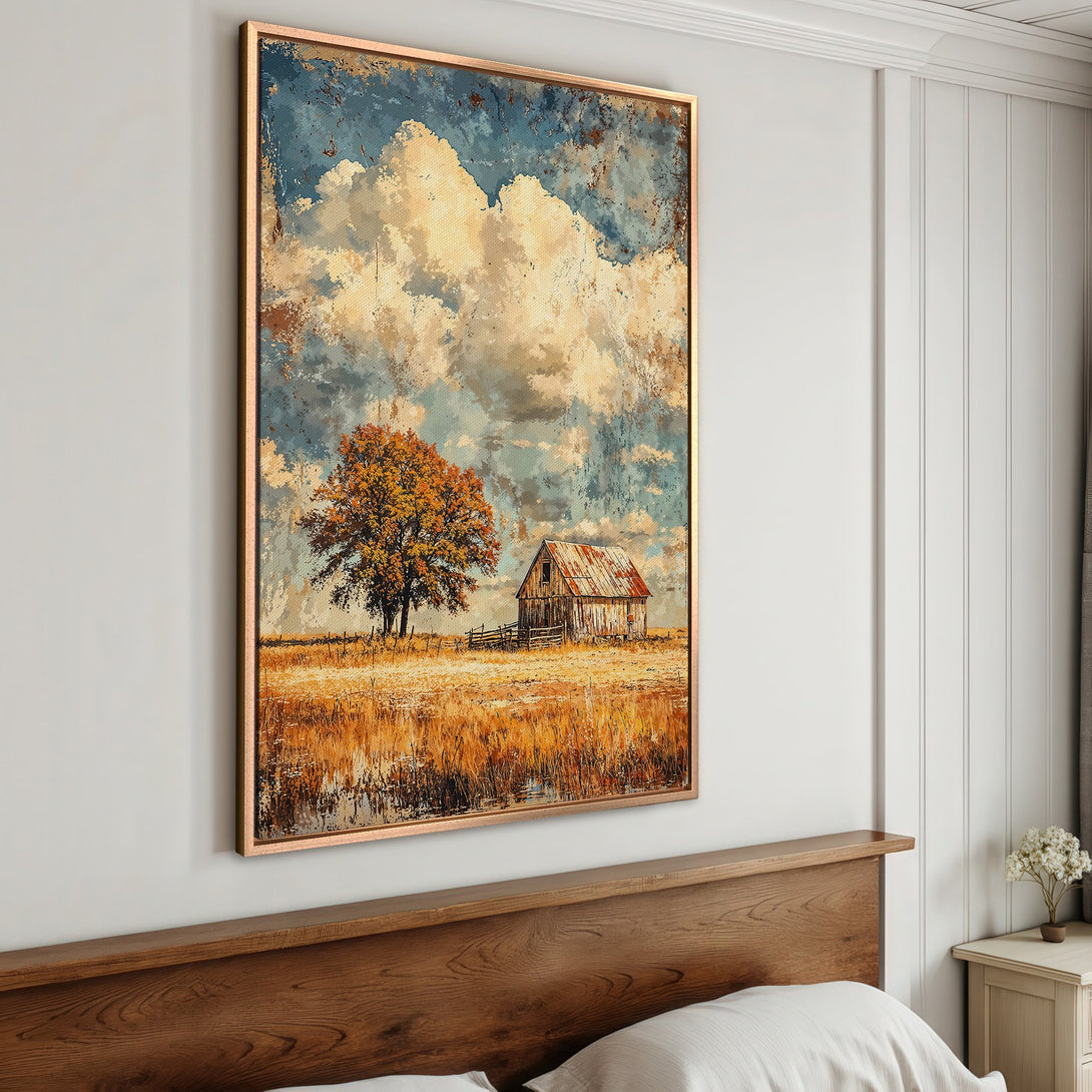 Framed Wall Art: Rustic landscape Canvas Print with a barn, tree, and warm color palette. Perfect for farmhouse decor and adding a cozy touch.