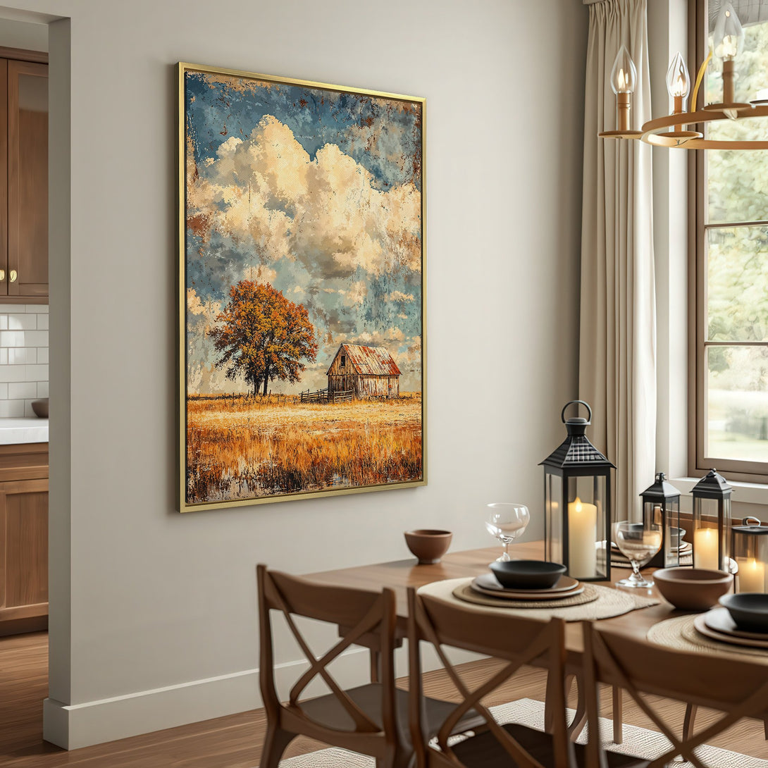 Canvas Print featuring a rustic barn scene with warm autumn colors. Perfect farmhouse decor, adding a touch of nature and vintage style to any room.