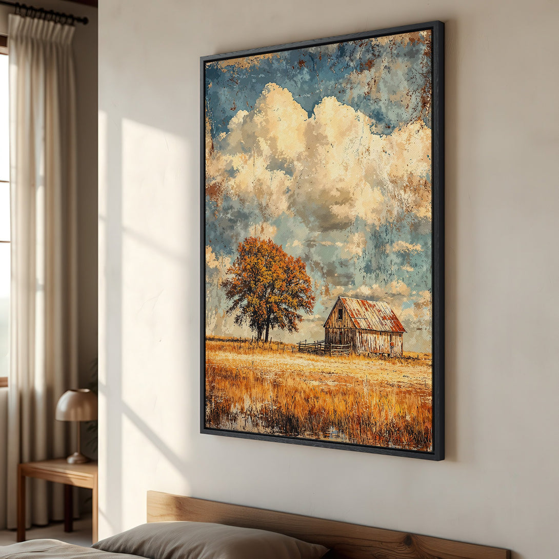 Framed Wall Art: Rustic landscape Canvas Print with a barn and tree in warm, earthy tones. Perfect for farmhouse decor!