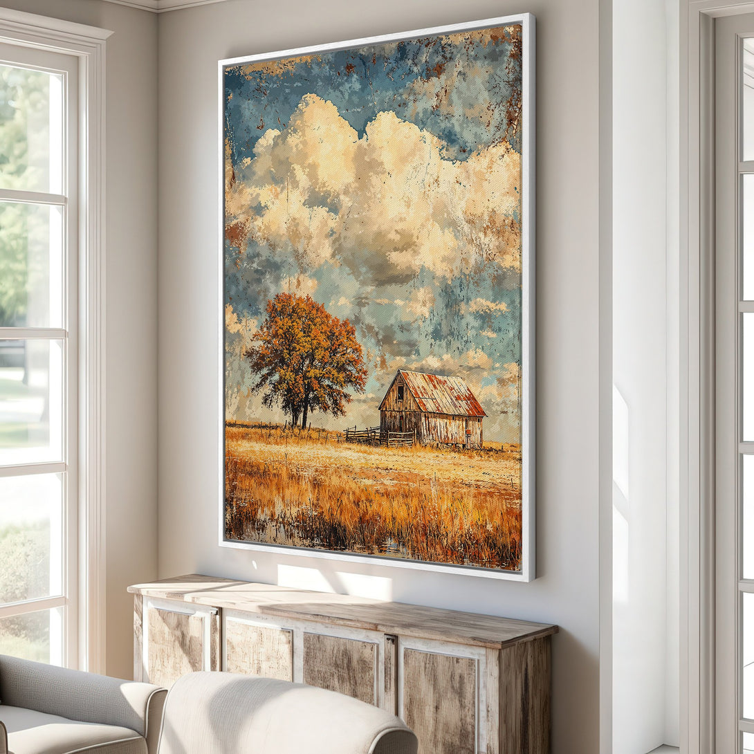 Framed Wall Art featuring a rustic barn scene with warm, earthy tones. Adds a touch of vintage charm to any space. Perfect for farmhouse decor.
