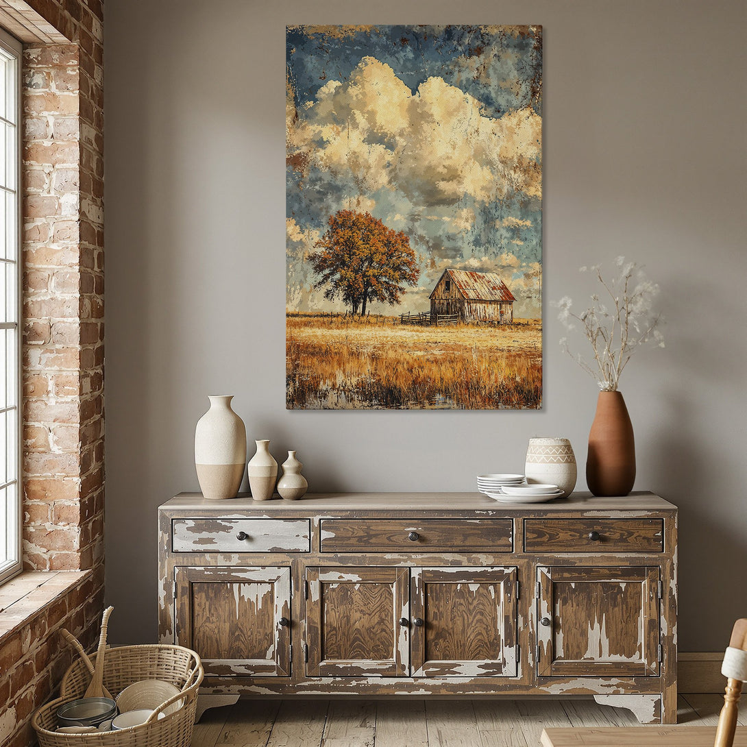 Framed Wall Art featuring a rustic barn scene in a warm, earthy color palette. Adds a touch of farmhouse charm to any dining room.