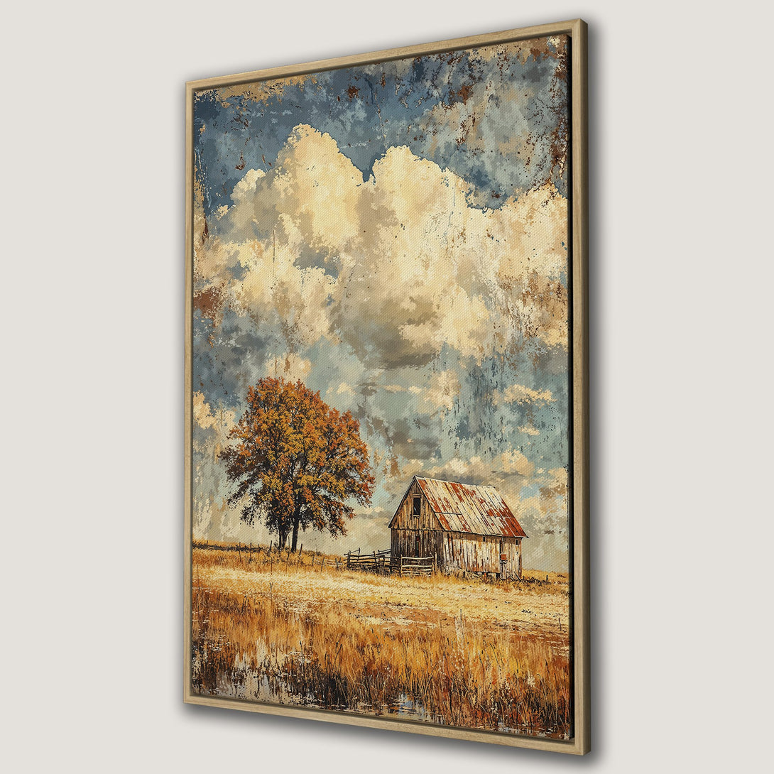 Framed Wall Art: Rustic landscape Canvas Print featuring a barn, tree, and field in warm, earthy tones. Perfect for farmhouse decor.