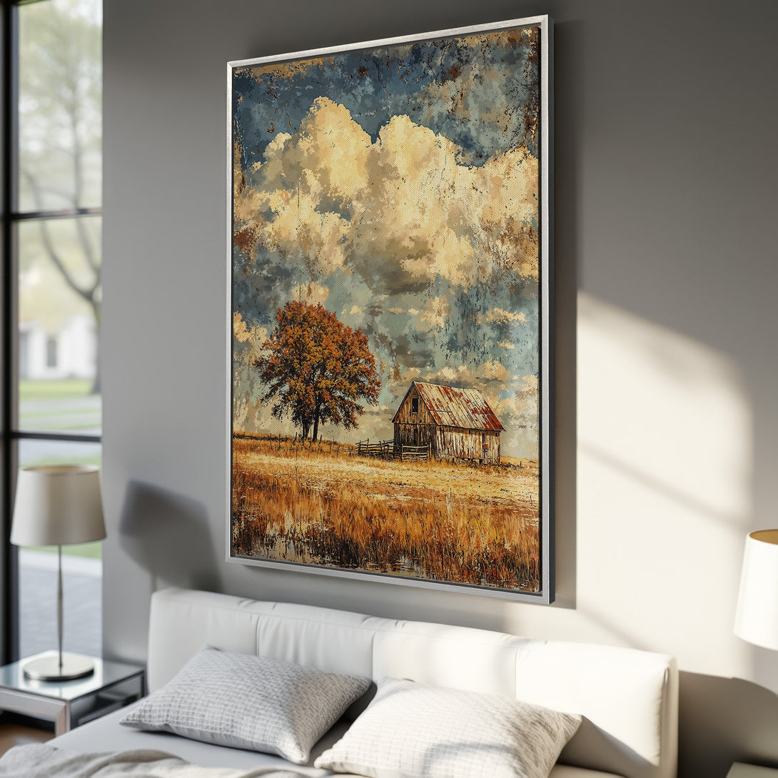 Framed Wall Art: Rustic barn landscape Canvas Print in warm tones. Featuring a vintage style with a palette of blues, golds, and browns. Perfect for farmhouse decor.