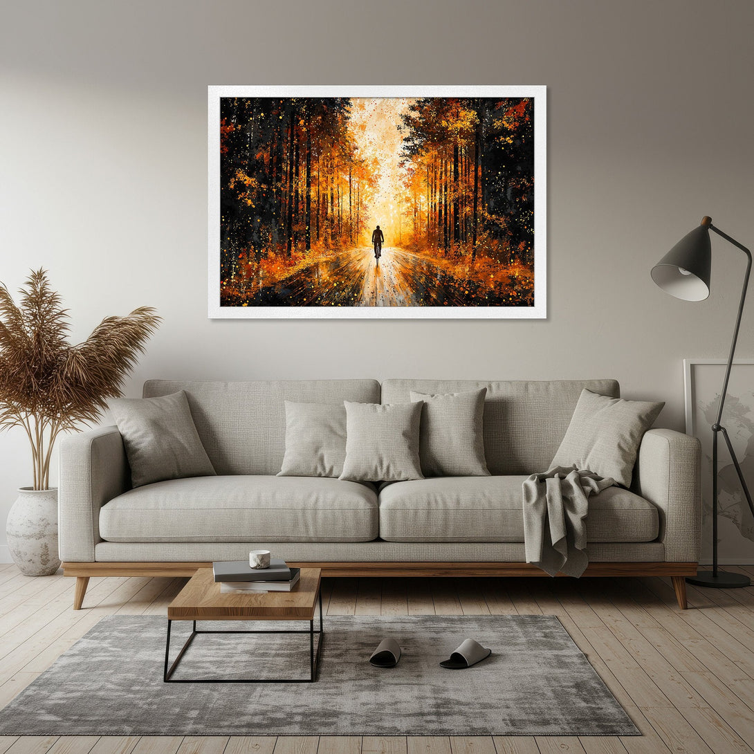 Framed Poster of cyclist on a forest path, abstract style, warm orange and black color palette. Perfect wall art for your home!