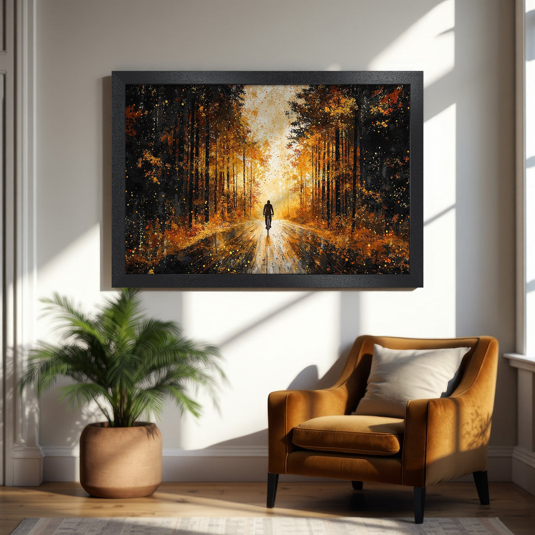 Framed Poster of cyclist on a forest path, impressionist style, warm black & gold palette. Add art to your space!