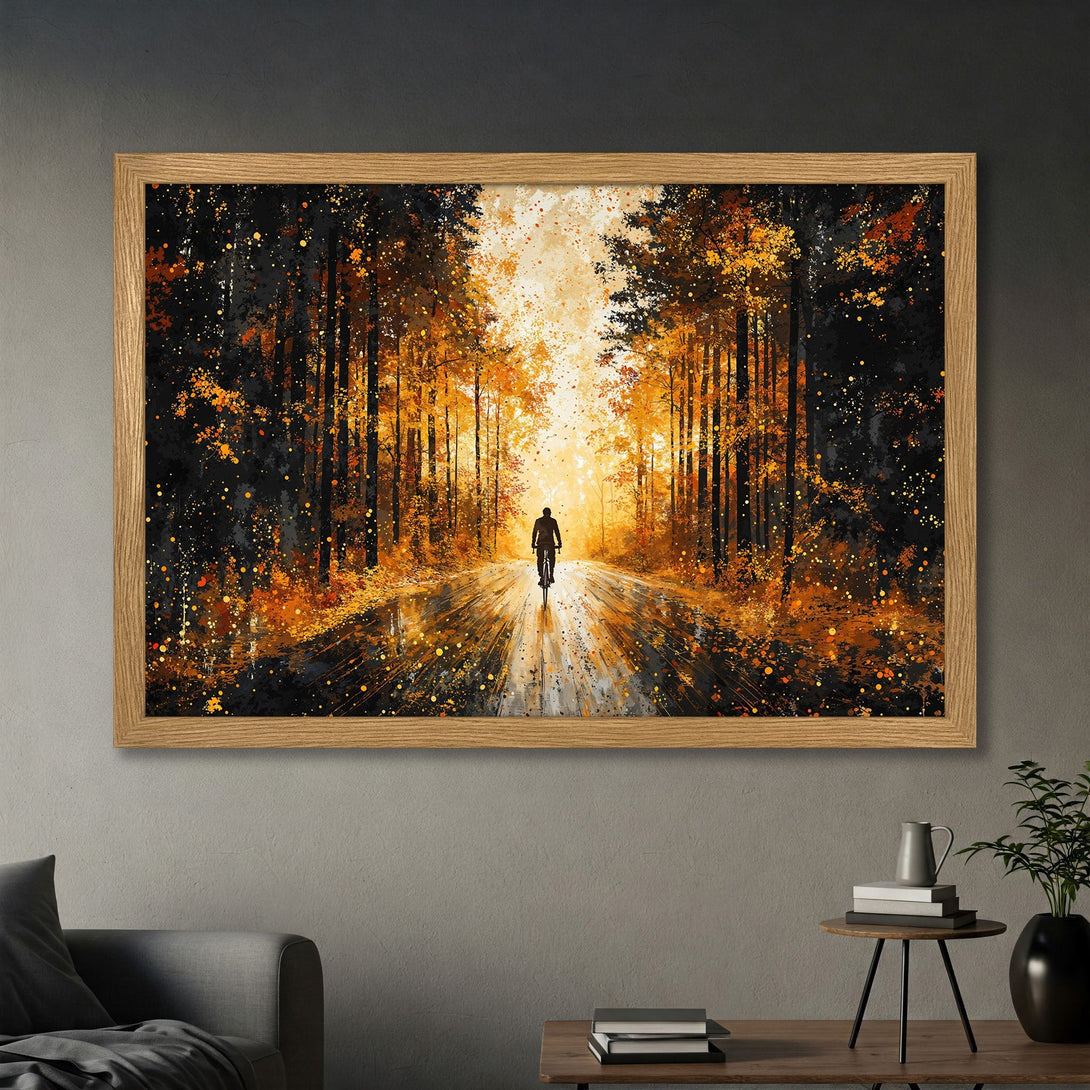 Framed Poster of a cyclist on a forest path. Stunning art print in a warm orange and black color palette. Perfect wall decor!