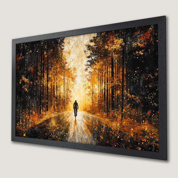 Framed Poster: Cyclist on forest path art print in warm orange and black tones. Perfect wall decor for any room.