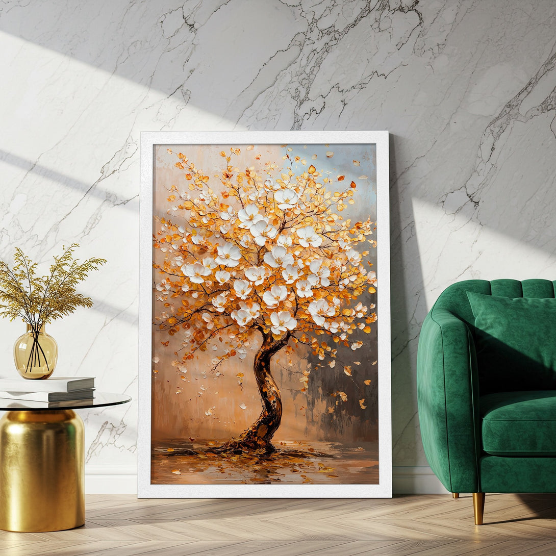 Framed Poster of a tree with white flowers. Impressionist style, warm orange and brown palette. Perfect wall art for your home!