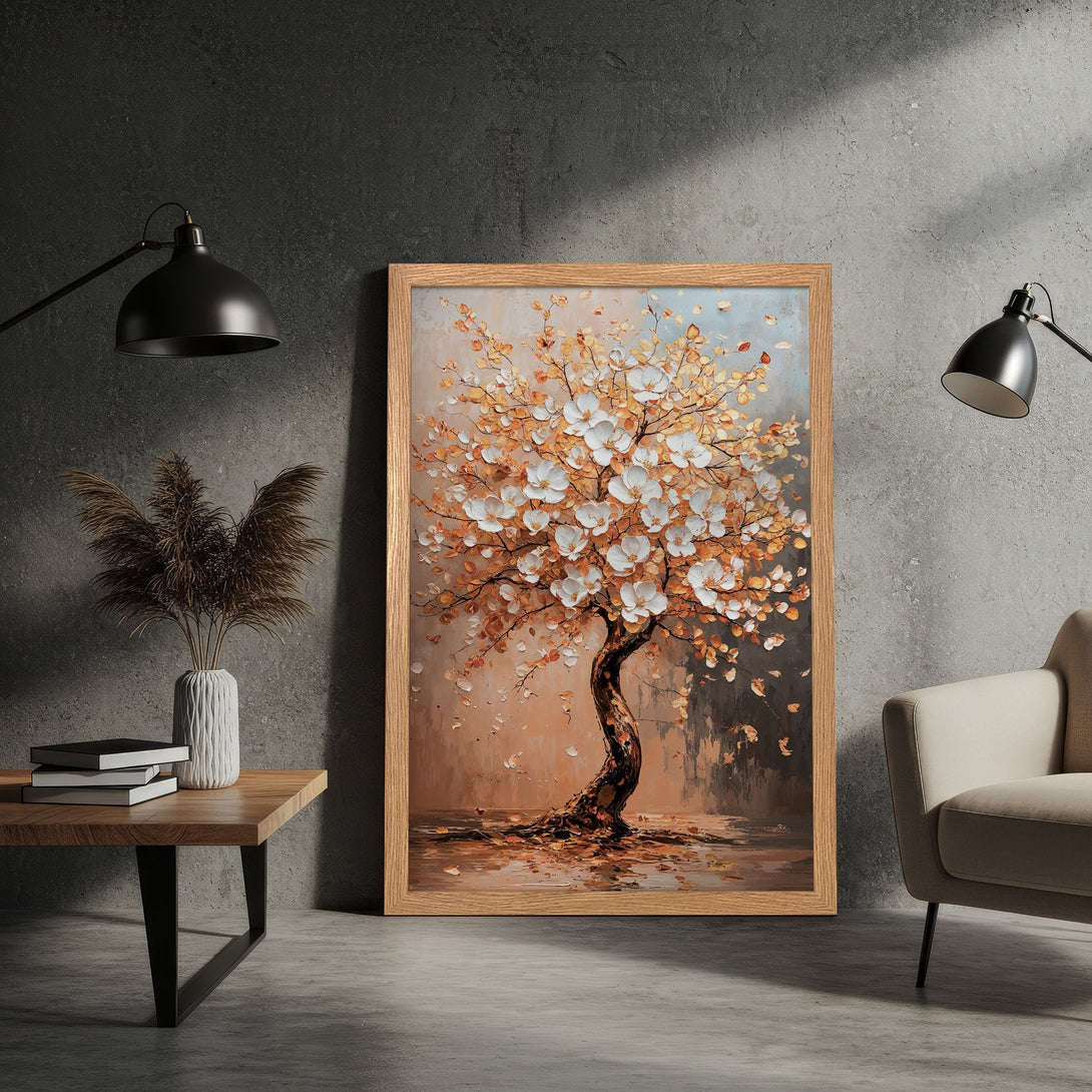 Framed Poster of a blossoming tree in a textured, impressionistic style with a warm, earthy color palette. Perfect wall art!