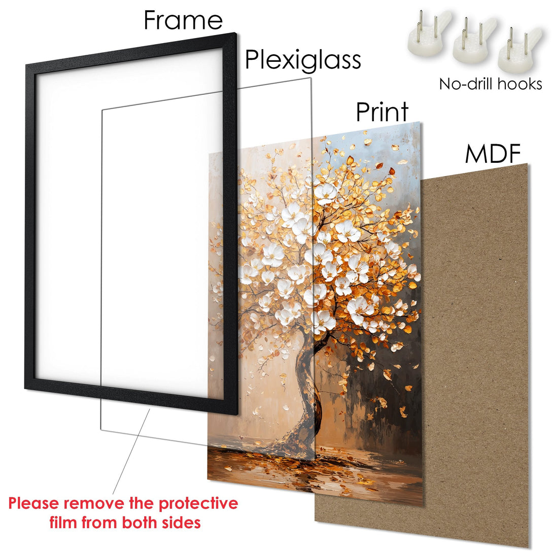 Framed Poster featuring a tree with white flowers, warm color palette. Perfect wall art for your home decor.