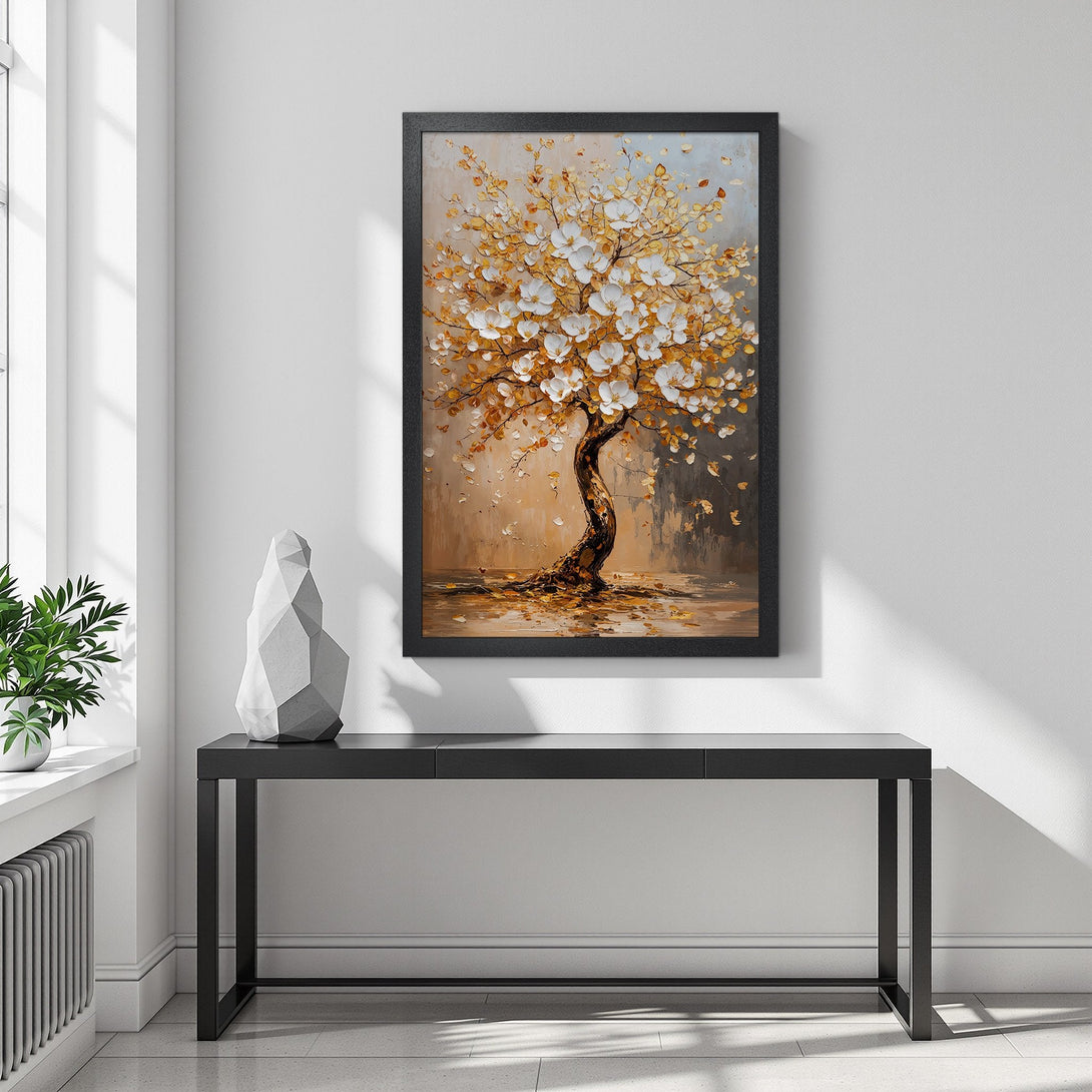 Framed Poster of a tree with white flowers, warm gold & brown tones, perfect for modern home decor.
