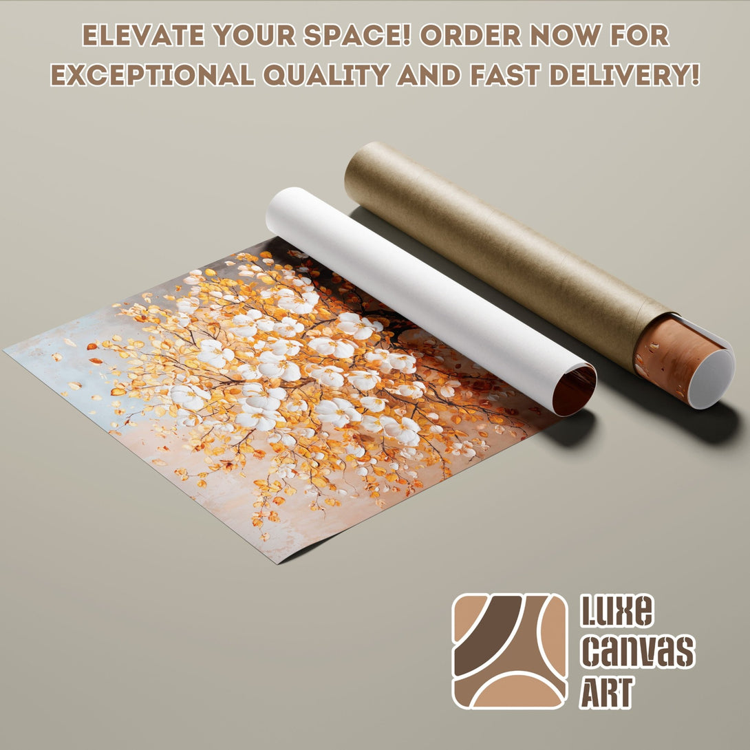 Poster Roll featuring a floral painting in warm gold and white tones. Elevate your space with this stunning art!