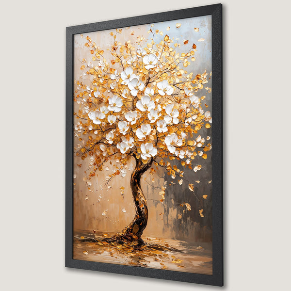 Framed Poster featuring a beautiful tree with white flowers and golden leaves, warm color palette, perfect wall art.