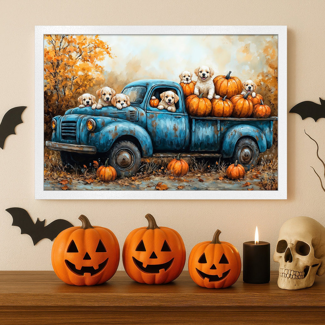 Framed Poster: Adorable puppies in a blue truck with pumpkins. Rustic style, warm autumn colors. Perfect fall decor!