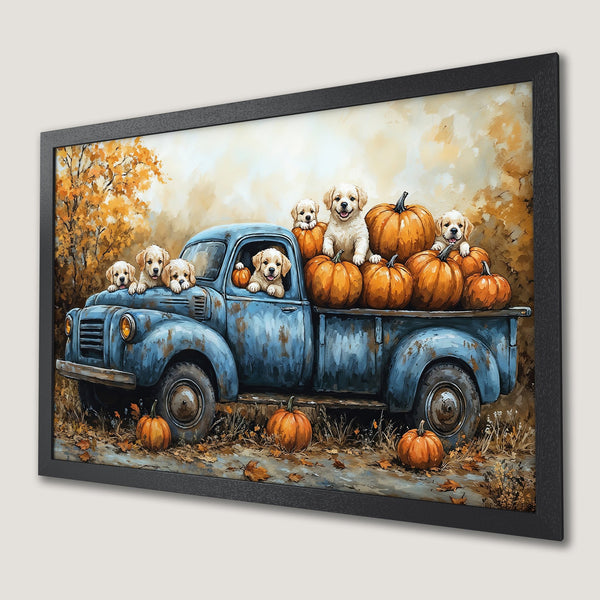 Framed Poster featuring puppies in a blue truck with pumpkins. Rustic style, warm autumn color palette. Perfect fall decor!