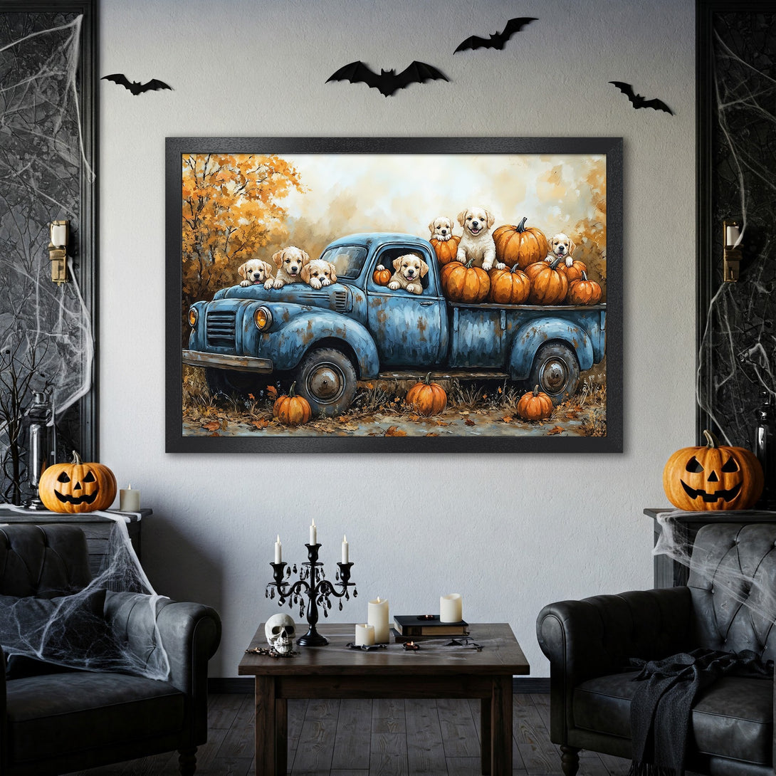 Framed Poster featuring puppies in a truck with pumpkins. Autumnal style with orange, blue, and yellow hues. Perfect Halloween decor!