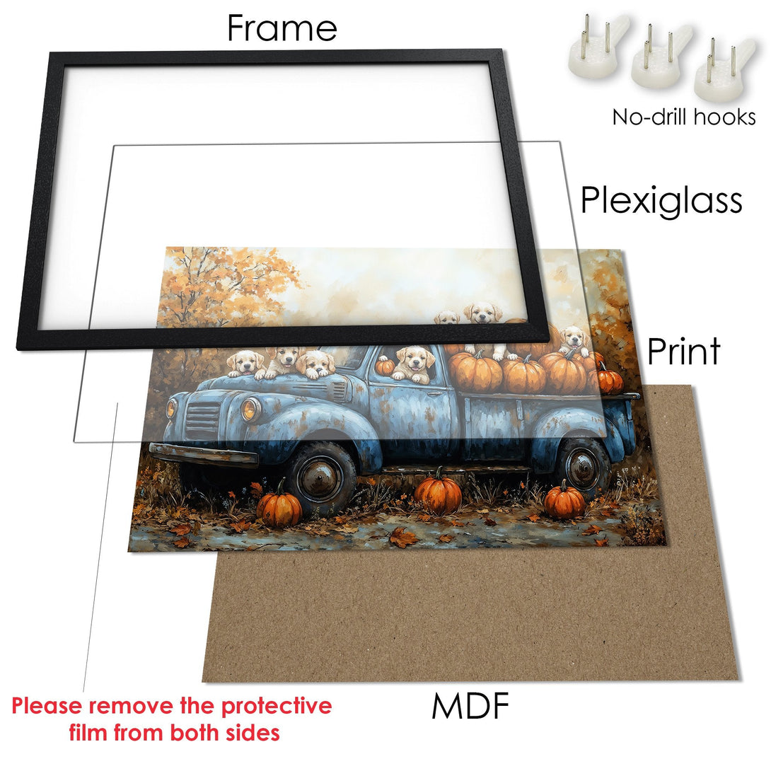 Framed Poster featuring a charming fall scene with puppies and pumpkins. Warm, autumnal color palette. Perfect wall art!