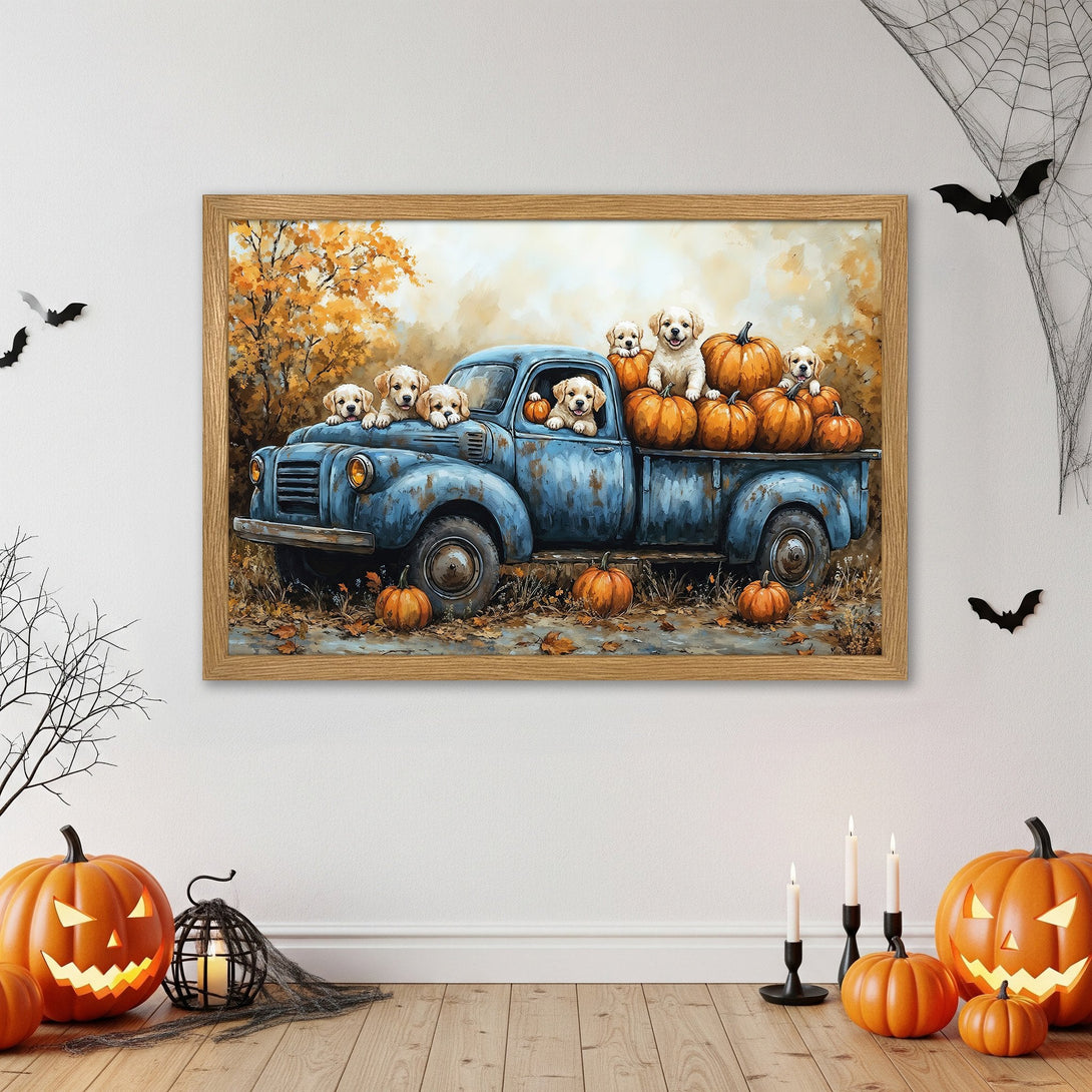 Framed Poster featuring puppies in a truck with pumpkins, autumn colors. Perfect fall decor.