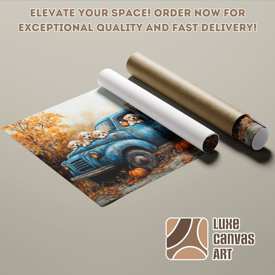 Poster Roll featuring puppies in a blue truck, autumn colors, perfect wall art.