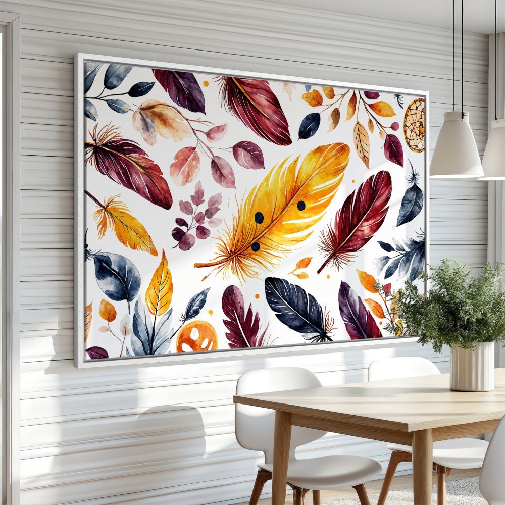 Framed Wall Art: Watercolor feather print in warm, inviting colors. Perfect for adding a touch of boho style to your dining room. Shop now!