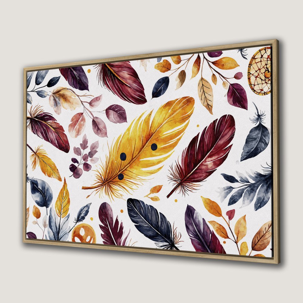 Framed Wall Art featuring watercolor feathers in warm, earthy tones. Bohemian style Canvas Print perfect for living rooms and bedrooms.