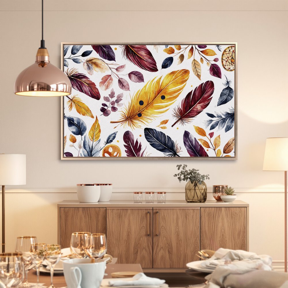 Watercolor feather Canvas Print in warm tones. Boho style framed wall art with yellow, burgundy, and blue accents. Perfect for home decor!