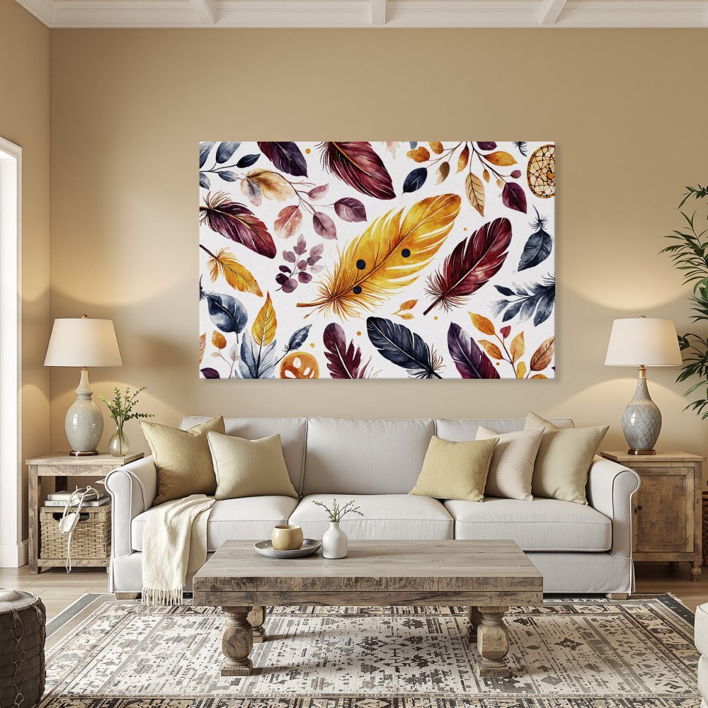 Framed Wall Art featuring watercolor feathers in warm, earthy tones. Perfect boho decor for living rooms and bedrooms. Shop now!