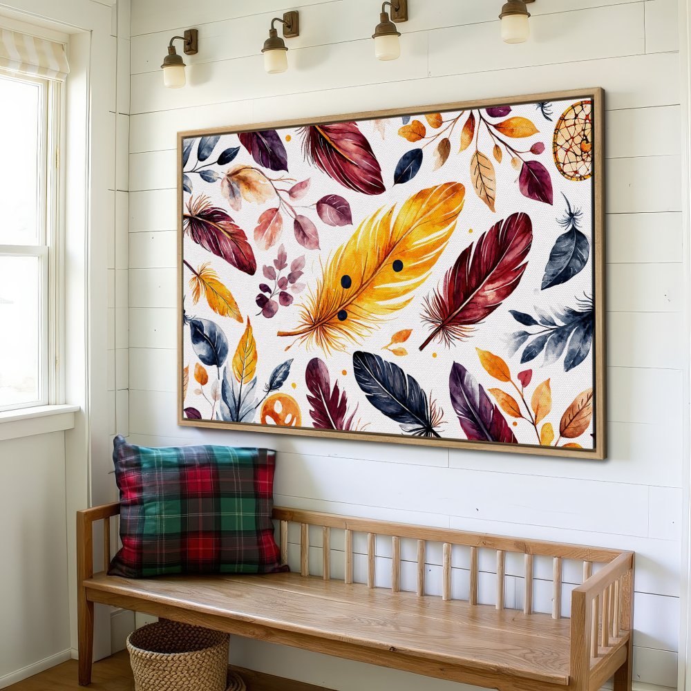 Framed Wall Art: Watercolor feather print in warm colors. Add a touch of boho style with this vibrant canvas print.