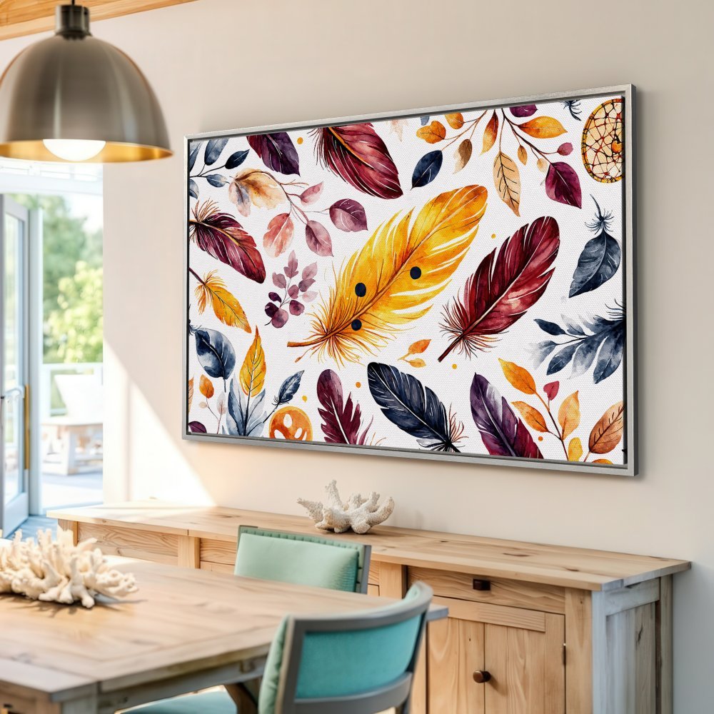 Framed Wall Art: Watercolor feather print in warm, earthy tones. Bohemian style Canvas Print adds a touch of nature and elegance to any room.