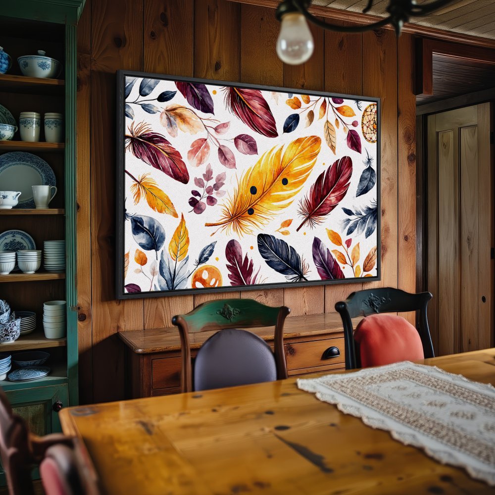 Framed Wall Art: Watercolor feather print in warm tones. Add a touch of boho style with this vibrant canvas print.