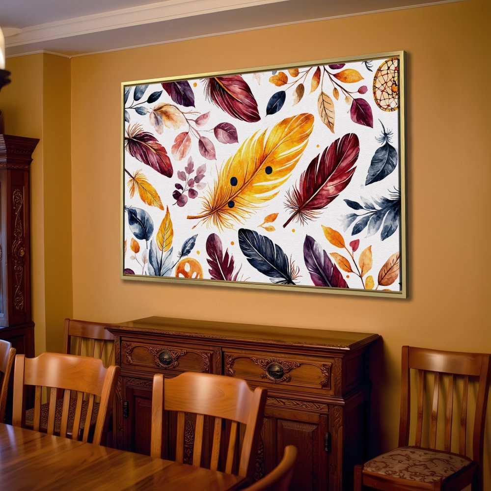 Canvas Print featuring watercolor feathers in warm, earthy tones. Perfect wall art for boho living rooms.