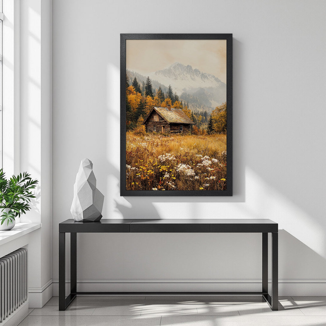 Framed Poster of a cabin in a mountain landscape, warm autumn colors. Perfect wall art for cozy home decor.