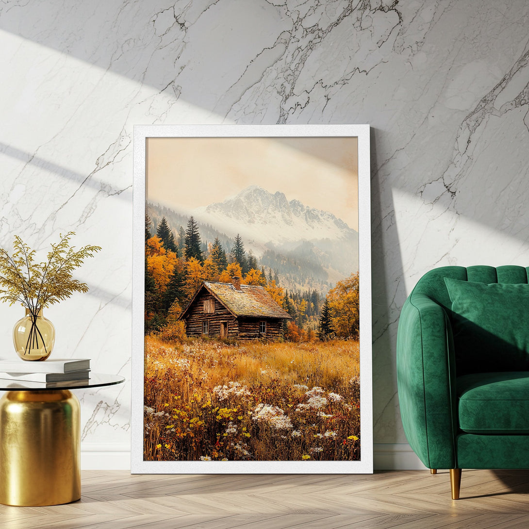Framed Poster of a rustic cabin in a mountain landscape, warm autumn colors. Perfect wall art for a cozy home.