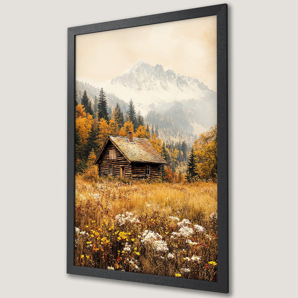 Framed Poster of a rustic cabin in a mountain landscape. Warm, autumnal color palette. Perfect for home decor.