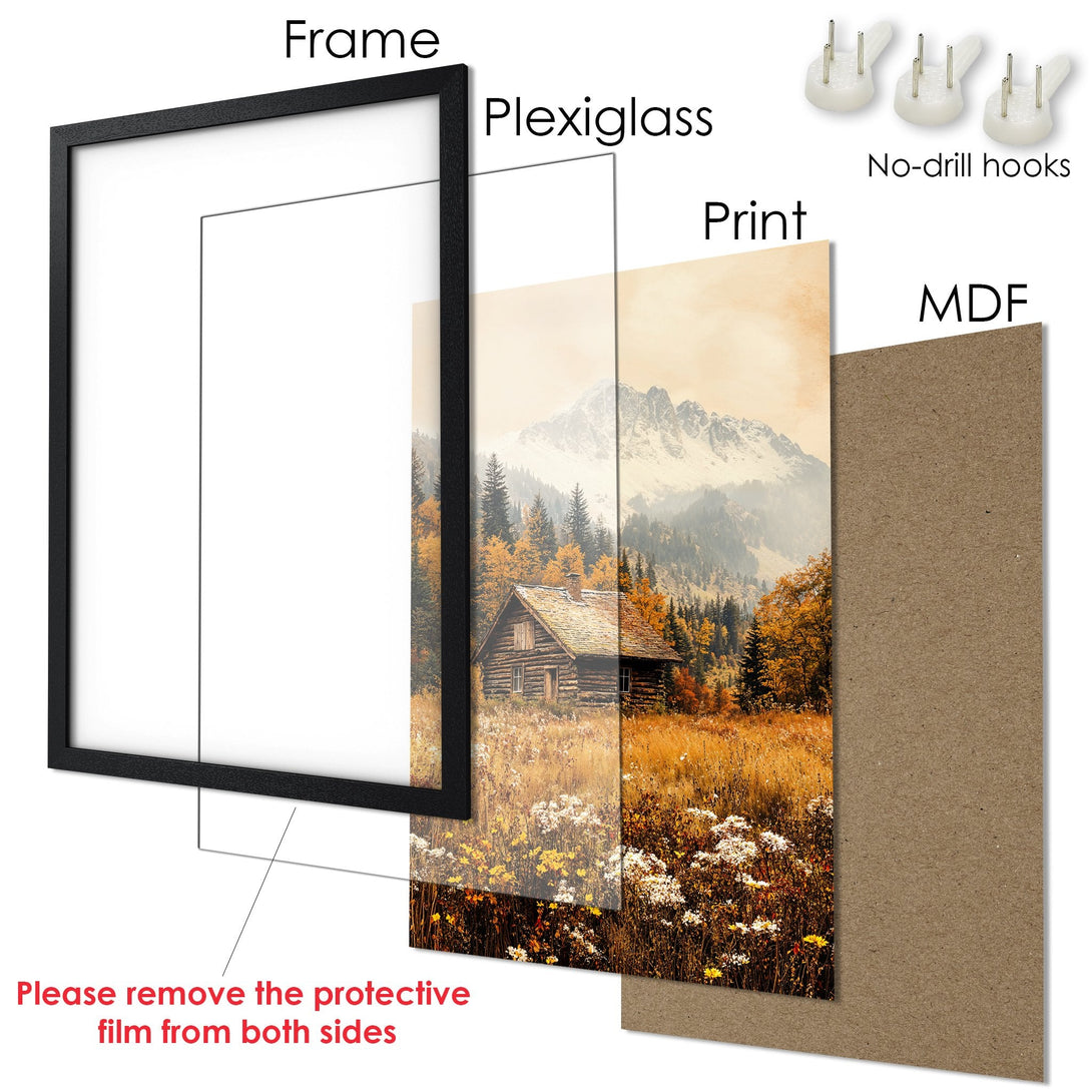 Framed Poster featuring a cabin in a mountain landscape, warm color palette, perfect wall art.