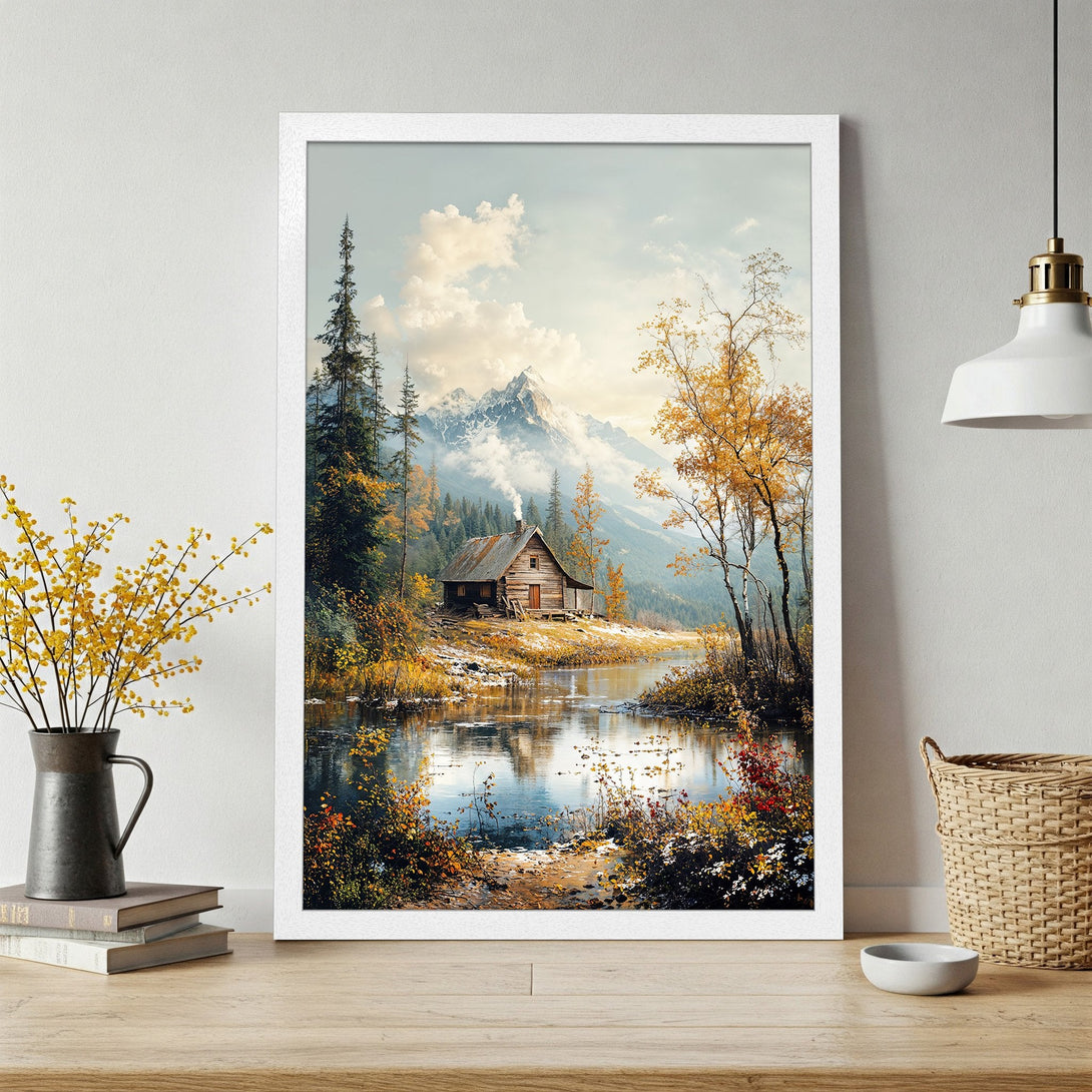 Framed Poster of a cabin by a lake in a serene landscape. Warm autumn colors and a calming style. Perfect wall art!