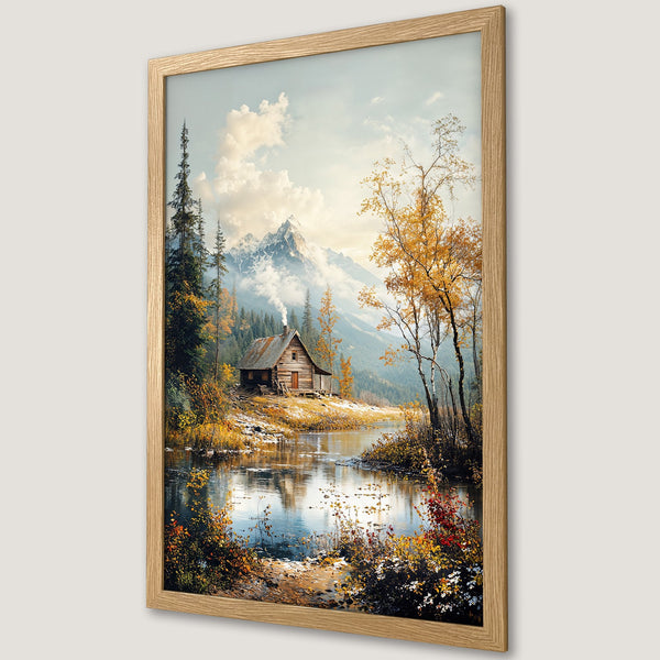 Framed Poster of a cozy cabin by a lake, mountain backdrop. Rustic style, warm autumn color palette. Bring nature's beauty home!