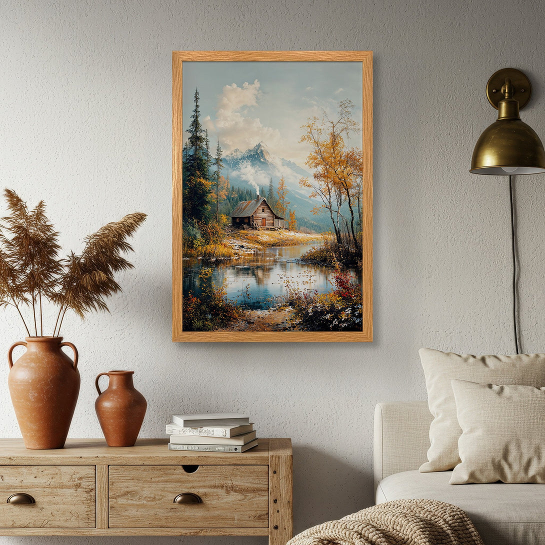 Framed Poster featuring a serene cabin landscape in a warm, autumnal color palette. Perfect for home decor!