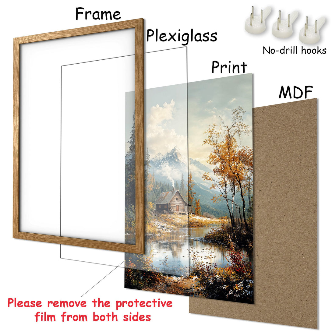 Framed Poster of a serene cabin scene in a warm, autumnal color palette. Perfect for adding a touch of nature to your home!