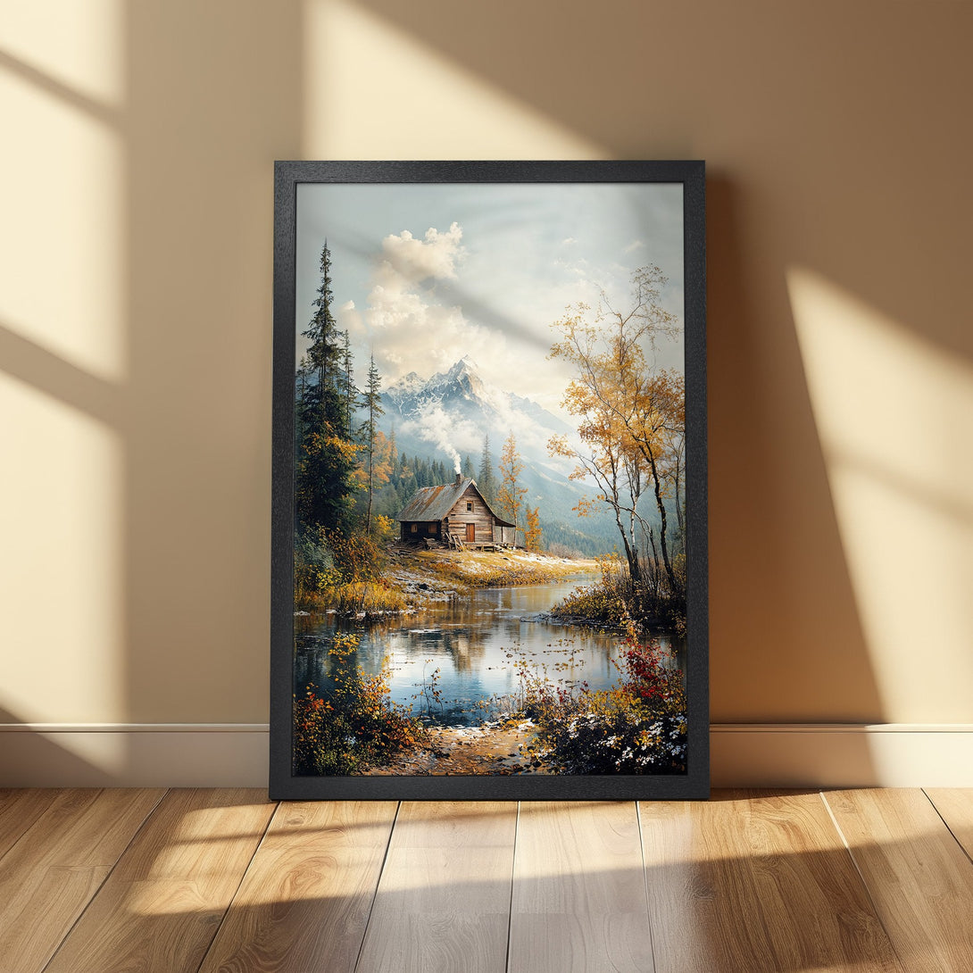 Framed Poster featuring a serene cabin scene in a vibrant autumn color palette. Perfect wall art to bring nature indoors!