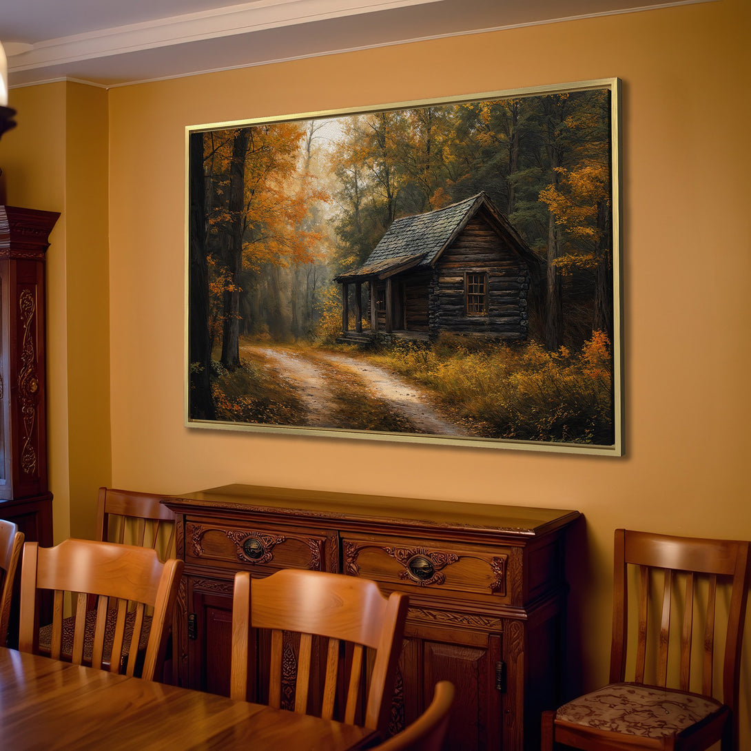 Canvas Print of a cabin in the woods, featuring warm autumn colors and a rustic style. Perfect for adding a cozy touch to your living room.