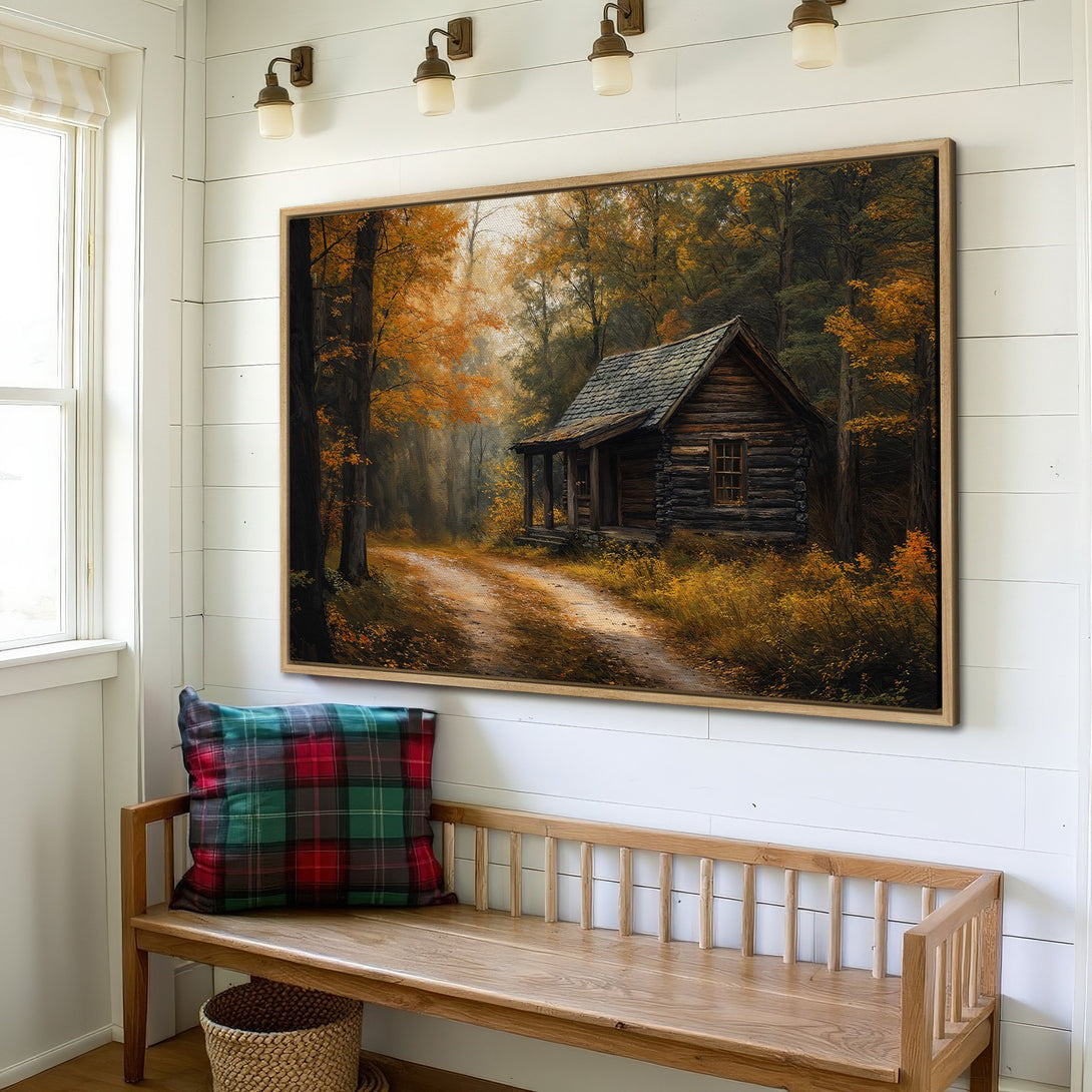 Framed Wall Art: Rustic cabin in autumn forest. Warm, inviting color palette. Perfect for cozy home decor.