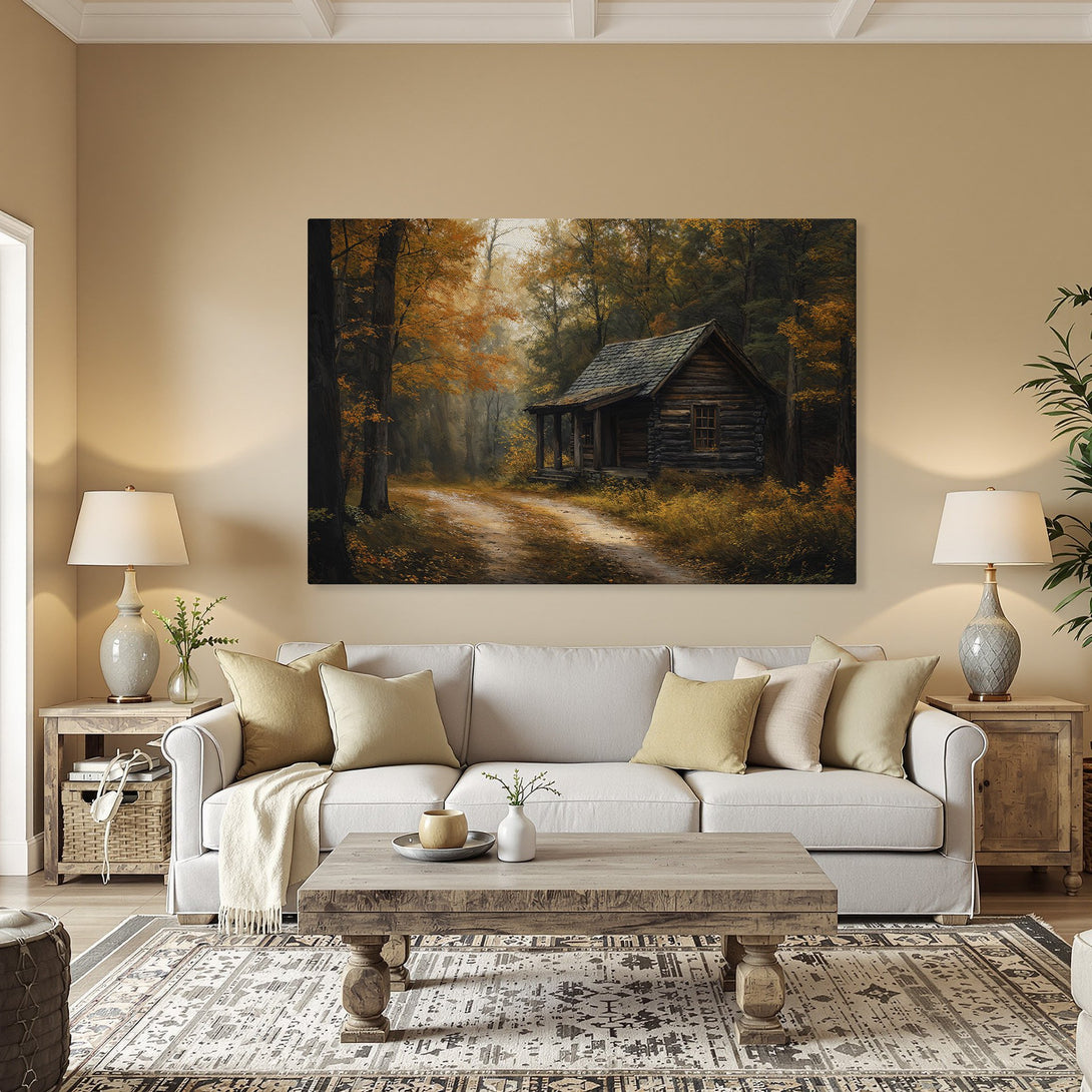 Framed Wall Art: Rustic cabin in a forest scene. Warm, autumnal color palette. Perfect for cozy home decor.