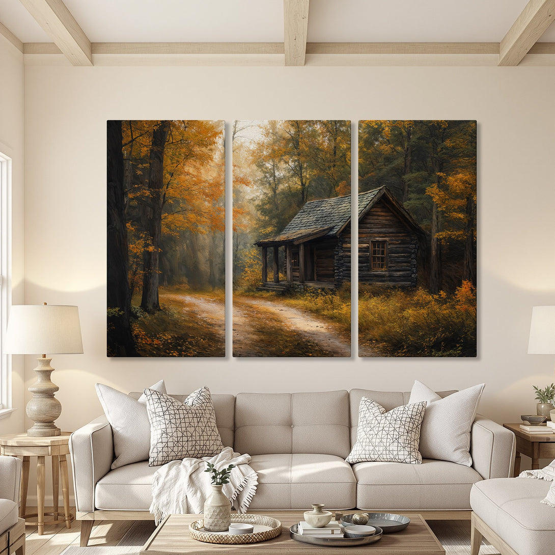 Canvas Print: Rustic cabin in the woods art. Warm, autumnal color palette. Perfect for adding a cozy, nature-inspired touch to your living room.