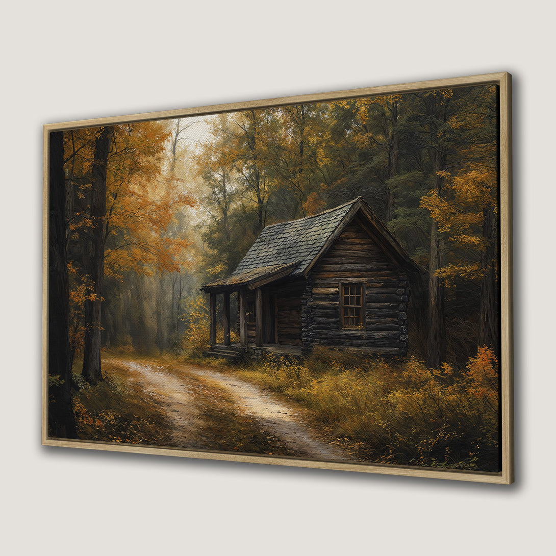 Framed Wall Art: Rustic cabin in autumn forest. Warm, inviting color palette of golds, browns, and greens. Perfect for cozy home decor!